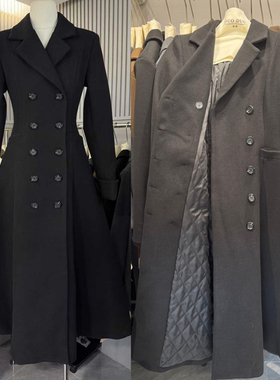 DUODUO黑色赫本风夹棉西装大衣外套女2025高级感收腰长款呢子大衣