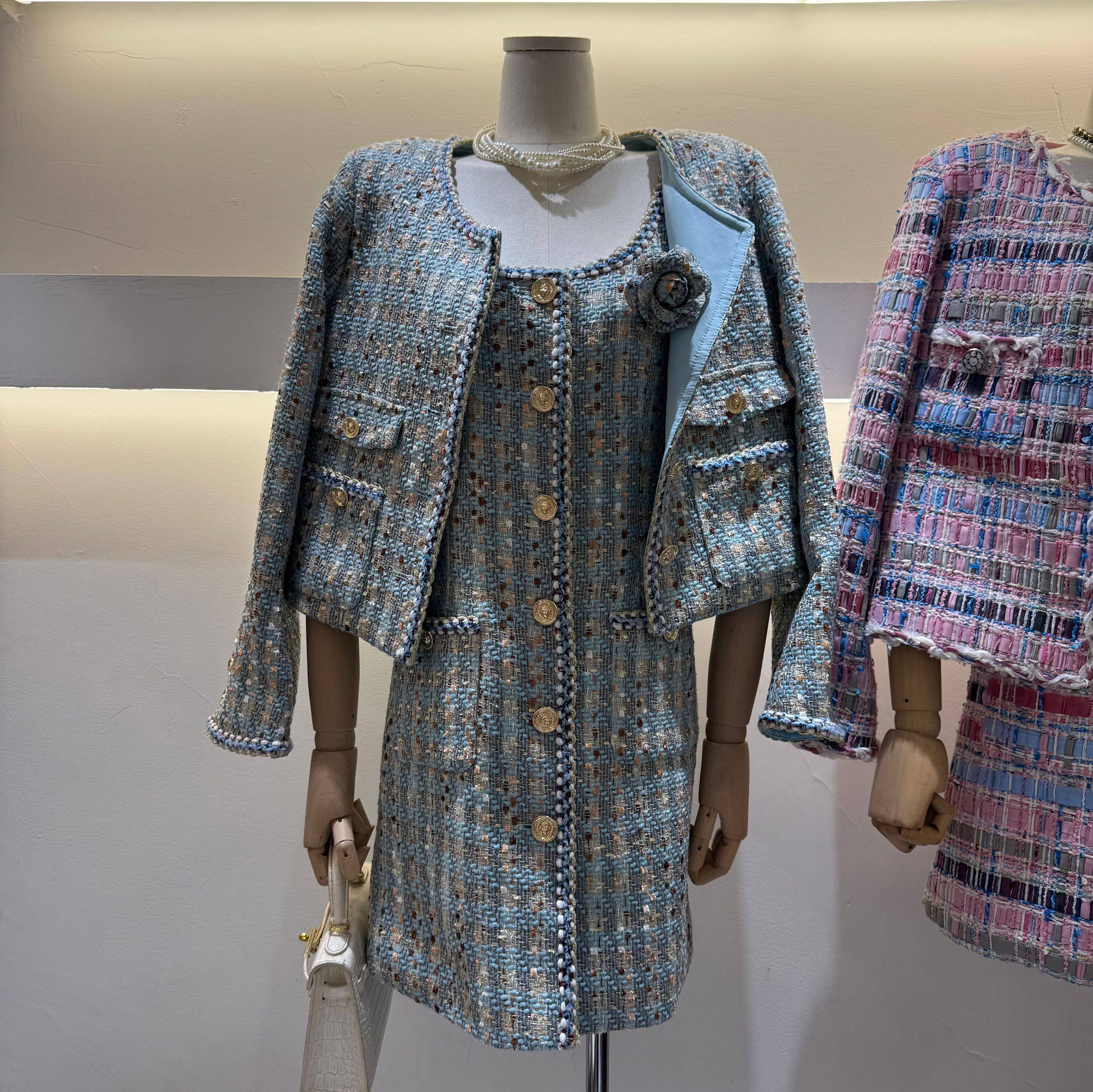 妮薇小香风轻奢精致编织蓝色粗花呢短外套女洋气百搭单排扣背心裙,女装/女士精品,连衣裙,淘宝优惠券,粉丝福利购,淘宝优惠卷