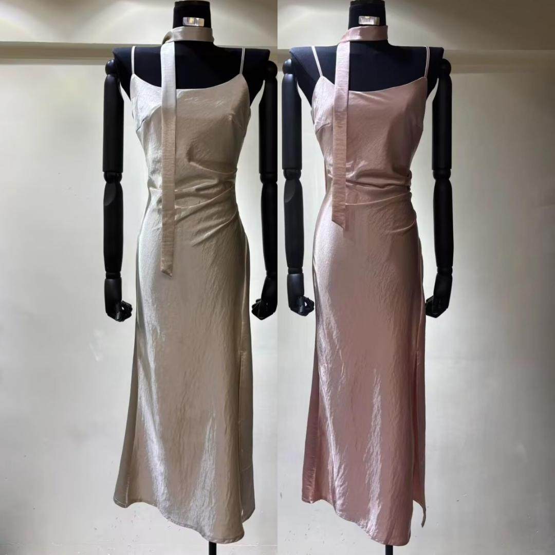 Luo法式缎面吊带飘带连衣裙长裙女2025小个子高级感粉色礼服长裙