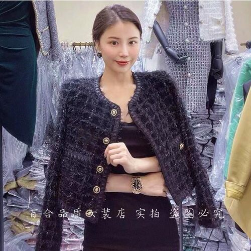 名媛风黑色水貂毛编织高端短外套