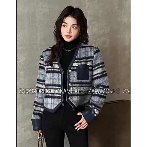 特价！小香风复古蓝色格子拼皮V领短外套女 名媛气质短款毛呢上衣
