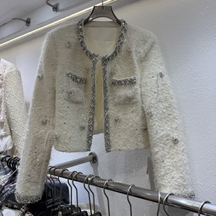 贵气重工水钻鸵鸟毛短外套设计感洋气上衣 青儿小香风法式 QING