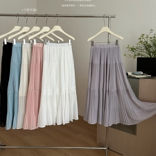 十三行高级感雨雾紫藤温柔压褶半身裙女2025夏新款高腰遮胯a字裙