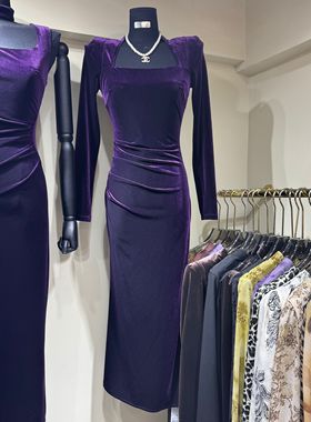 Luo高品质方领金丝绒长袖修身显瘦连衣裙女 高级感洋气包臀中长裙