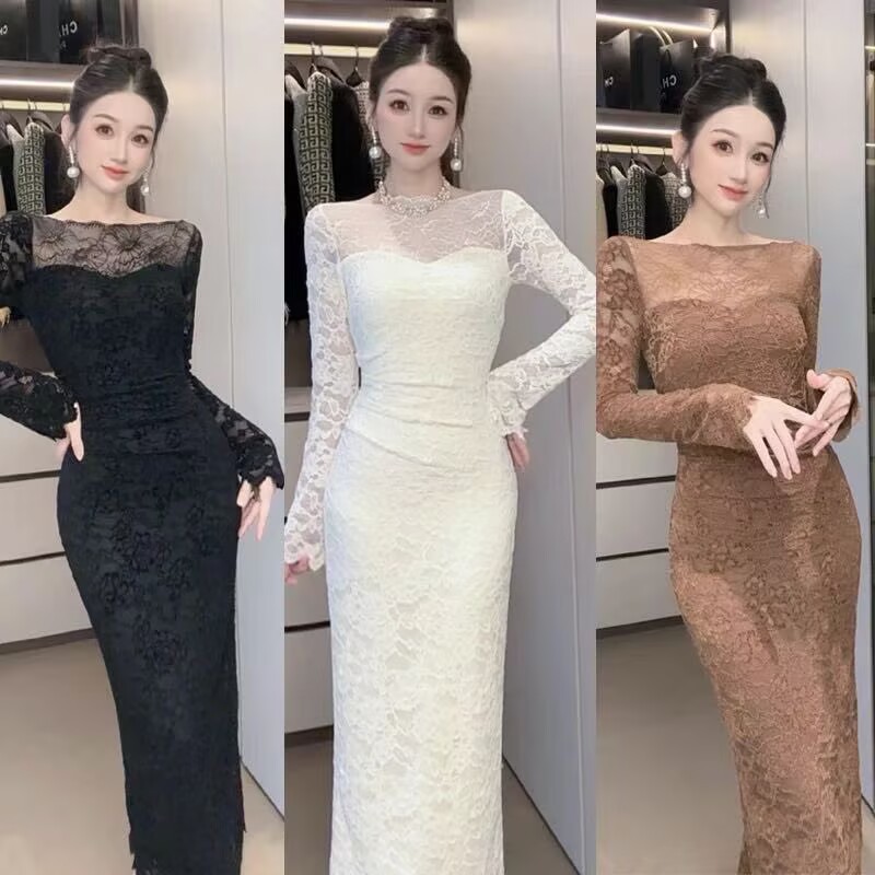 高品质性感一字领包臀蕾丝连衣裙