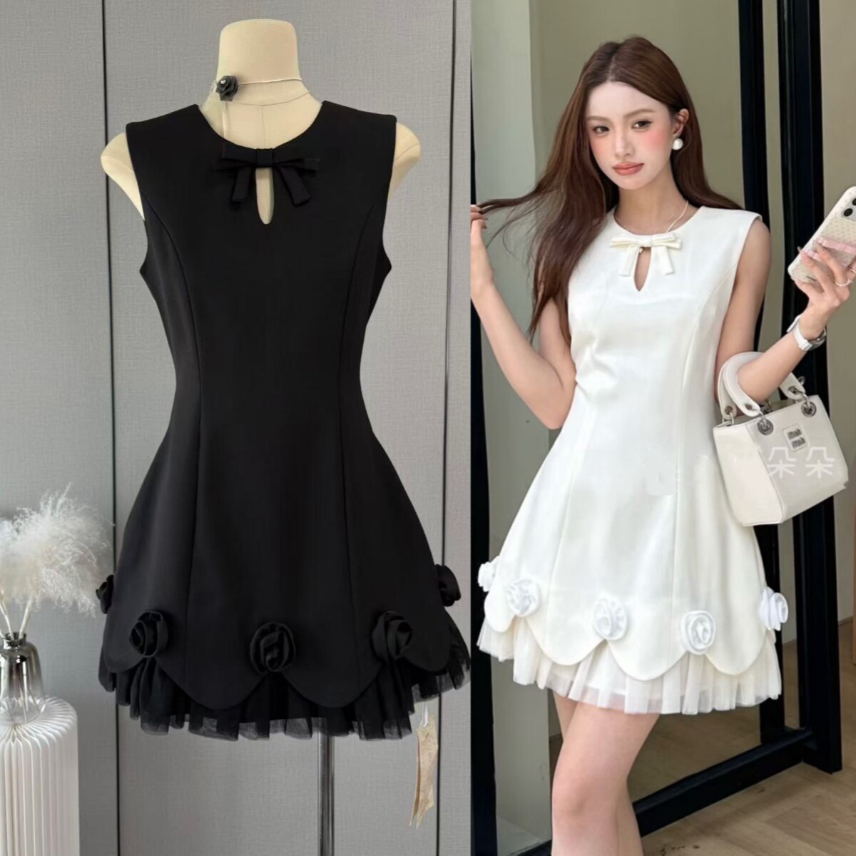 DUODUO千金风花朵网纱拼接背心收腰连衣裙女2026春夏设计感背心裙