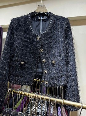 Luo高级感小香风黑色方格短外套女 法式复古名媛气质洋气开衫上衣