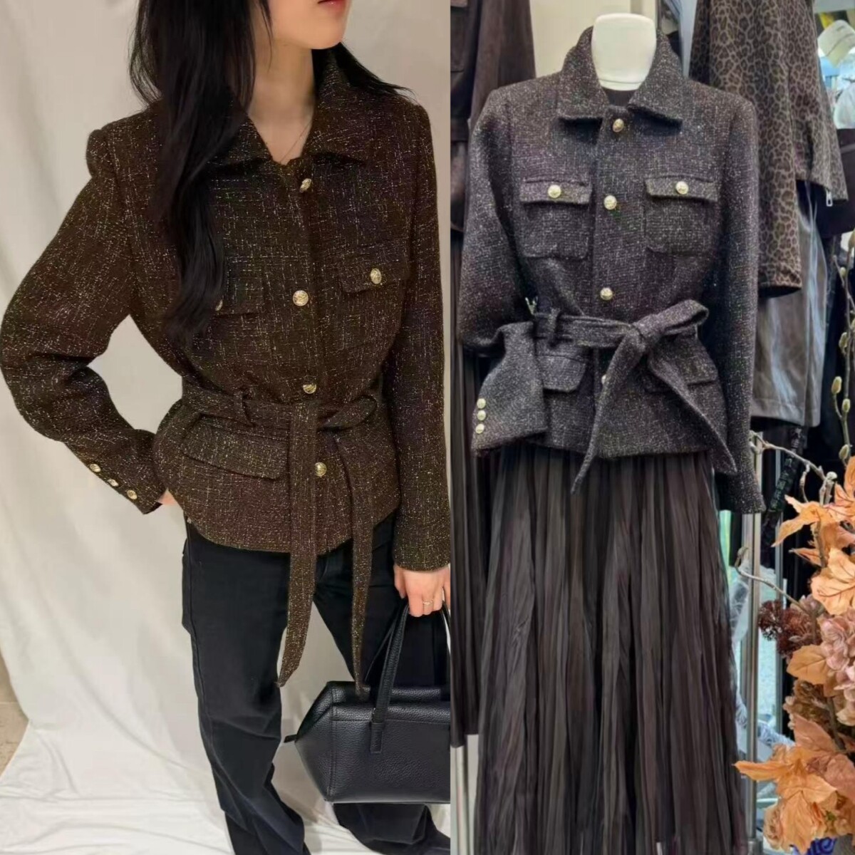 灰姑娘小香咖色粗花呢短外套2026新款小个子女装系带正肩翻领上衣