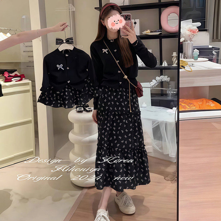 亲子装春秋母女装洋气针织开衫蝴蝶结毛衣碎花短裙套装蛋糕裙显瘦