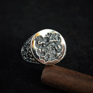 铁头的店 925银 复古做旧 “唐草家族徽章” 情侣款戒指