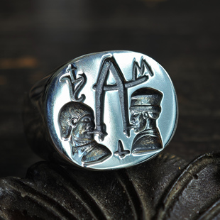 铁头的店 925银 做旧复古风 “谨言慎行”印章戒指  开口款指环