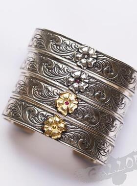 唐草纯银手镯红宝石镶嵌平打情侣