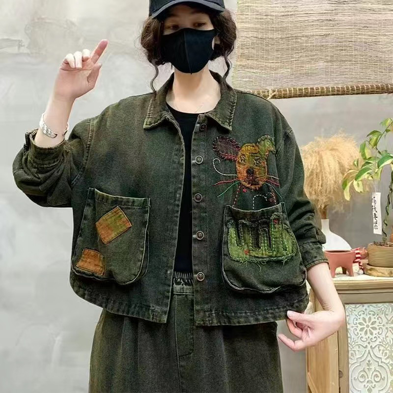 春款牛仔外套个性贴布大版女装