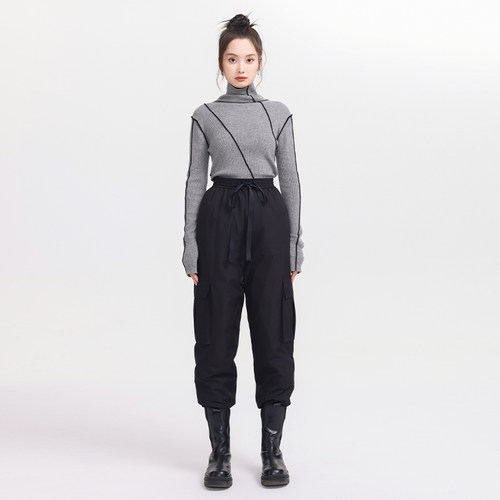 黑色羽绒工装裤保暖加厚高腰显瘦