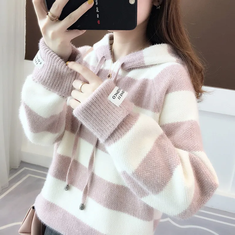 仿水貂毛厚款连帽毛衣2022新款秋冬女装雪尼尔宽松卫衣外套女