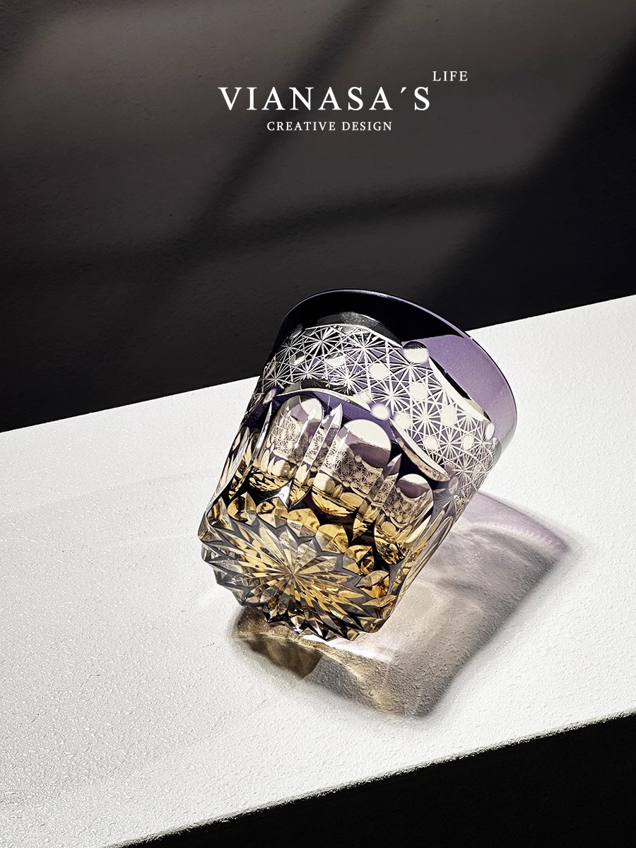 VIANASA'S紫色曙光江户切子手工雕刻日式高档威士忌酒杯水晶玻璃