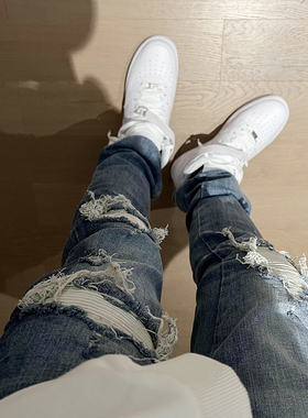 BLACKICON INS潮男高街秋冬破洞膝盖破坏PU补丁显瘦小腿牛仔裤