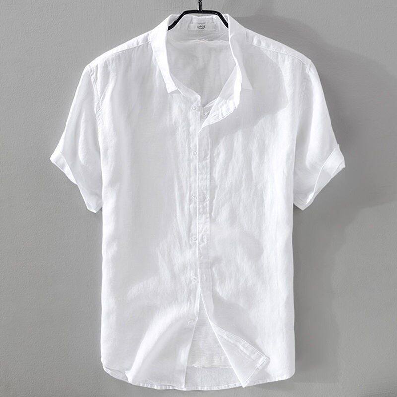 夏季男装亚麻短袖衬衫领t恤夏装休闲麻布衣服青年麻料上衣棉麻T恤