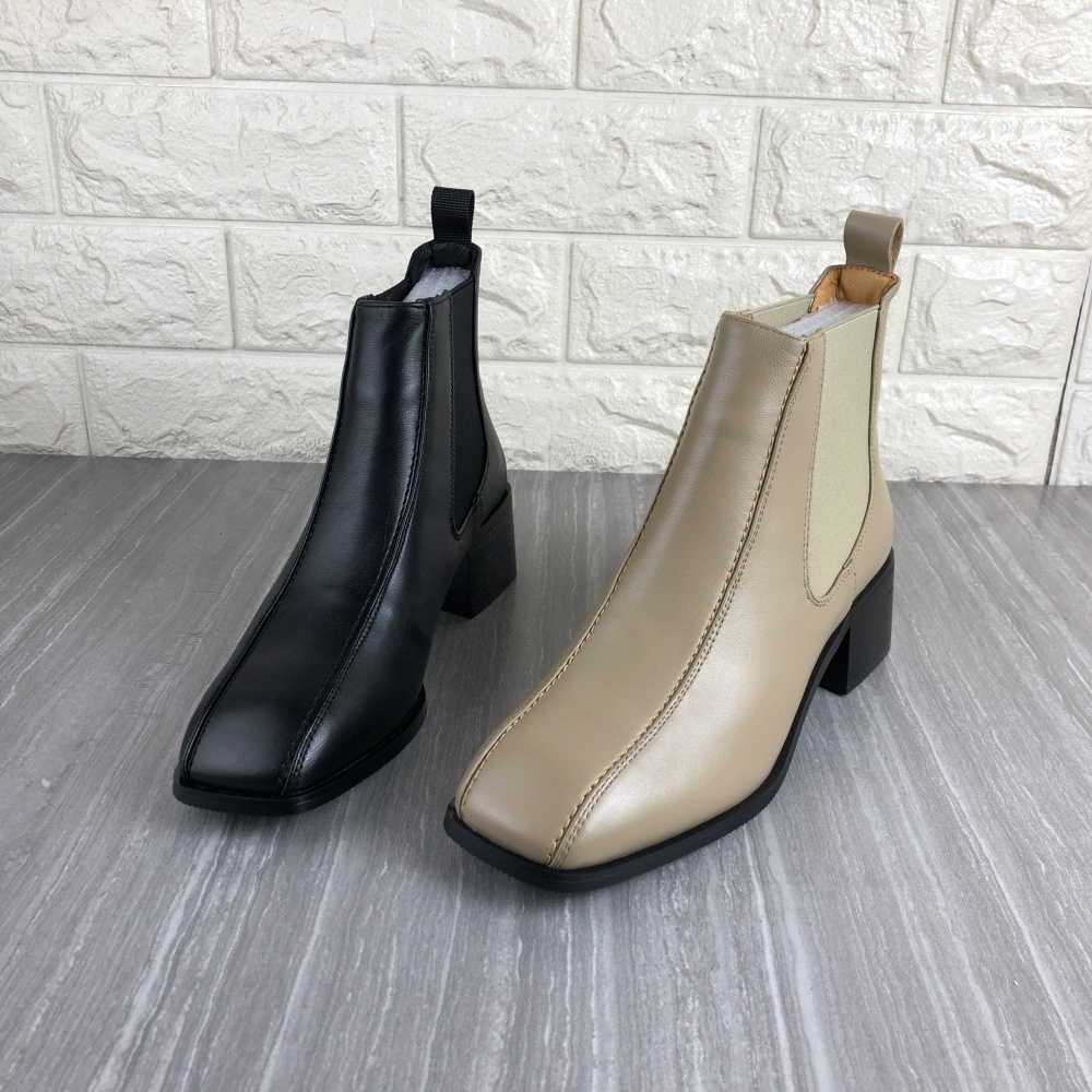 真皮女靴粗跟方头法式短靴