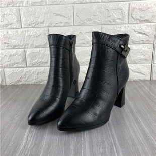 加绒保暖女棉靴 洋气尖头短靴冬季 断码 撤柜处理真皮女靴高跟时尚