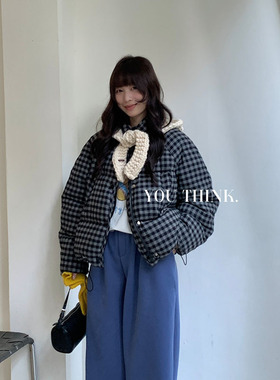 think十三行冬季长袖开衫羽绒服保暖格子韩系外套女70517休闲风