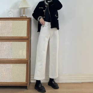 小个子必入加特绒高腰显瘦直筒牛仔裤女高级灰白色百搭九分奶奶裤