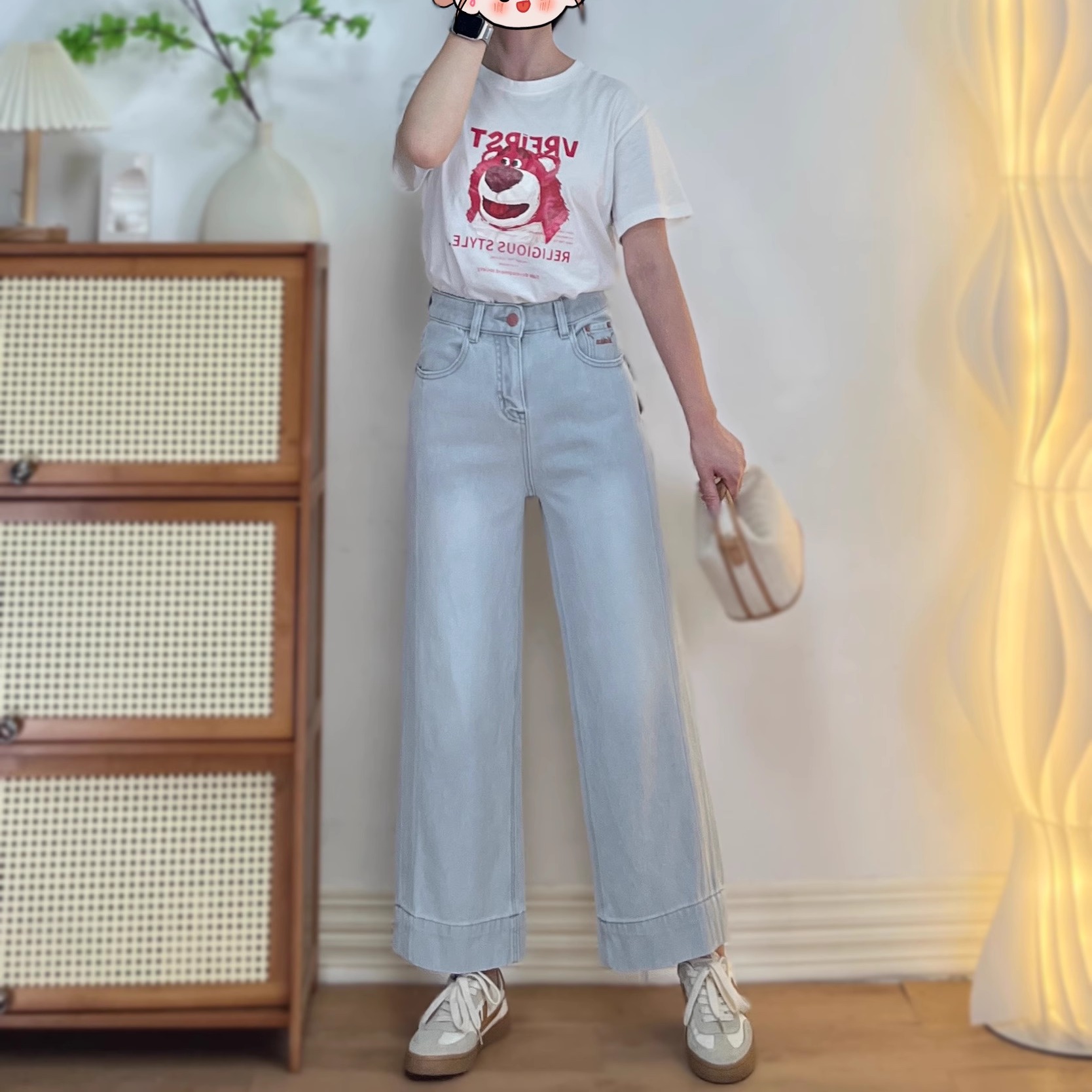 四面弹小个子蓝灰色高腰直筒牛仔裤女宽松显瘦九分阔腿奶奶裤子