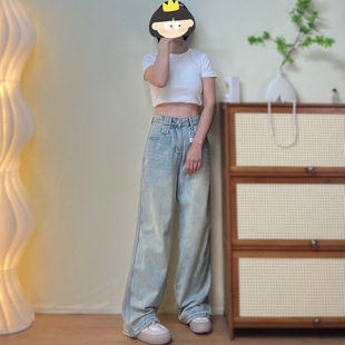 GD家新款无弹拖地裤子百搭新款高腰阔腿复古做旧直筒牛仔裤女春季