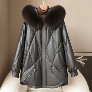 韩版真皮羽绒服款式短款女狐狸毛领女式绵羊皮羽绒服真皮外套