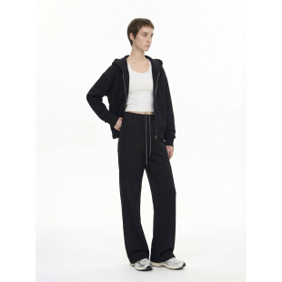 LazyMint通勤休闲慵懒风高腰阔腿卫裤 运动穿搭 女黑色宽松直筒长裤