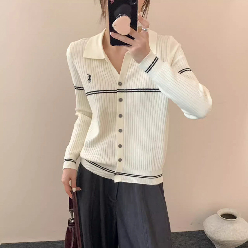秋季新款2025年时尚百搭显瘦通勤温柔POLO领针织刺绣条纹开衫,女装/女士精品,毛针织衫,淘宝优惠券,粉丝福利购,淘宝优惠卷