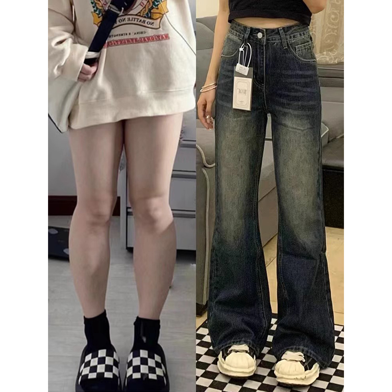 美式复古微喇牛仔裤女2025年秋冬加绒大码高腰宽松显瘦直筒阔腿裤