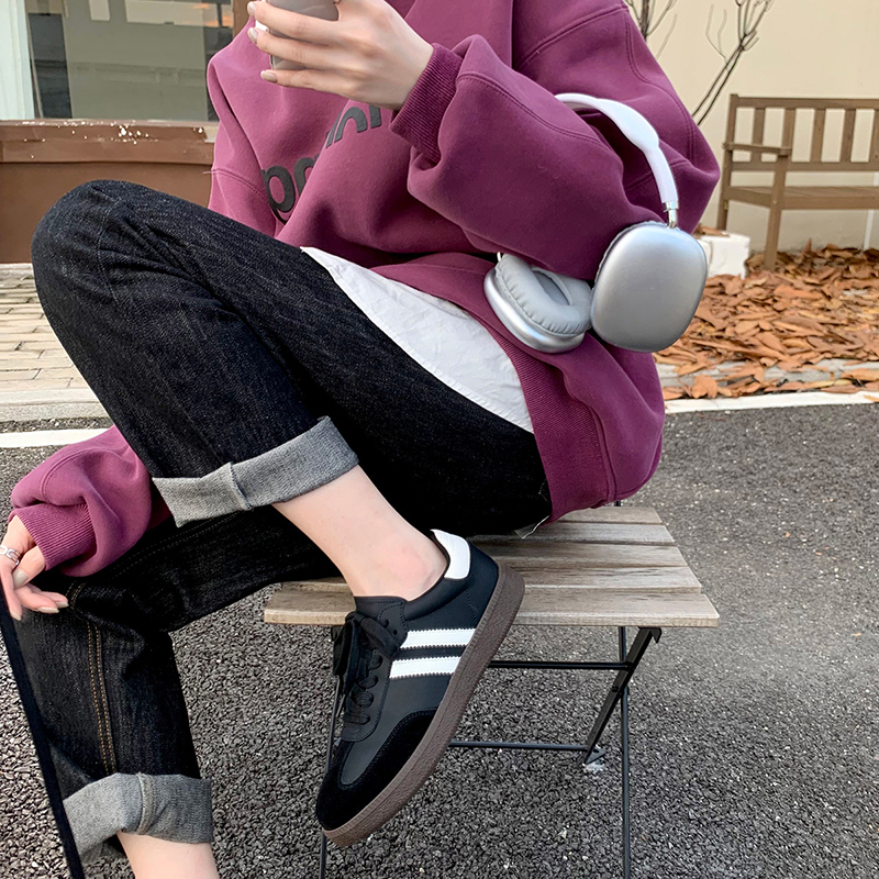 真皮黑色德训鞋女2025新款平底透气复古阿甘鞋休闲百搭运动板鞋子