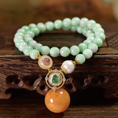 天然飘花翡翠蜜蜡圆珠吊坠手链女