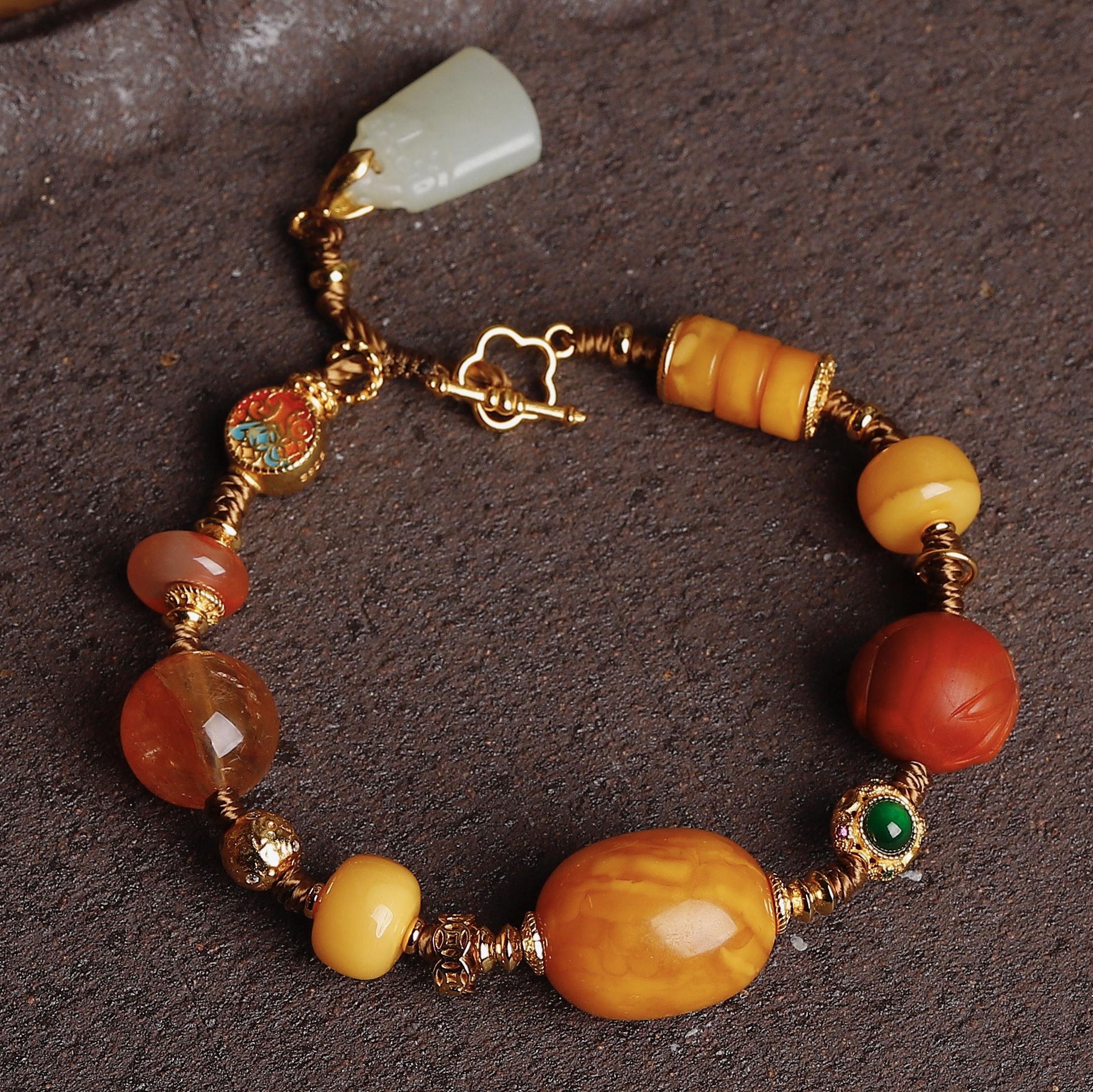 手工编织天然老蜜蜡手链女南红荷花红胶花翡翠和田玉手串新年礼物