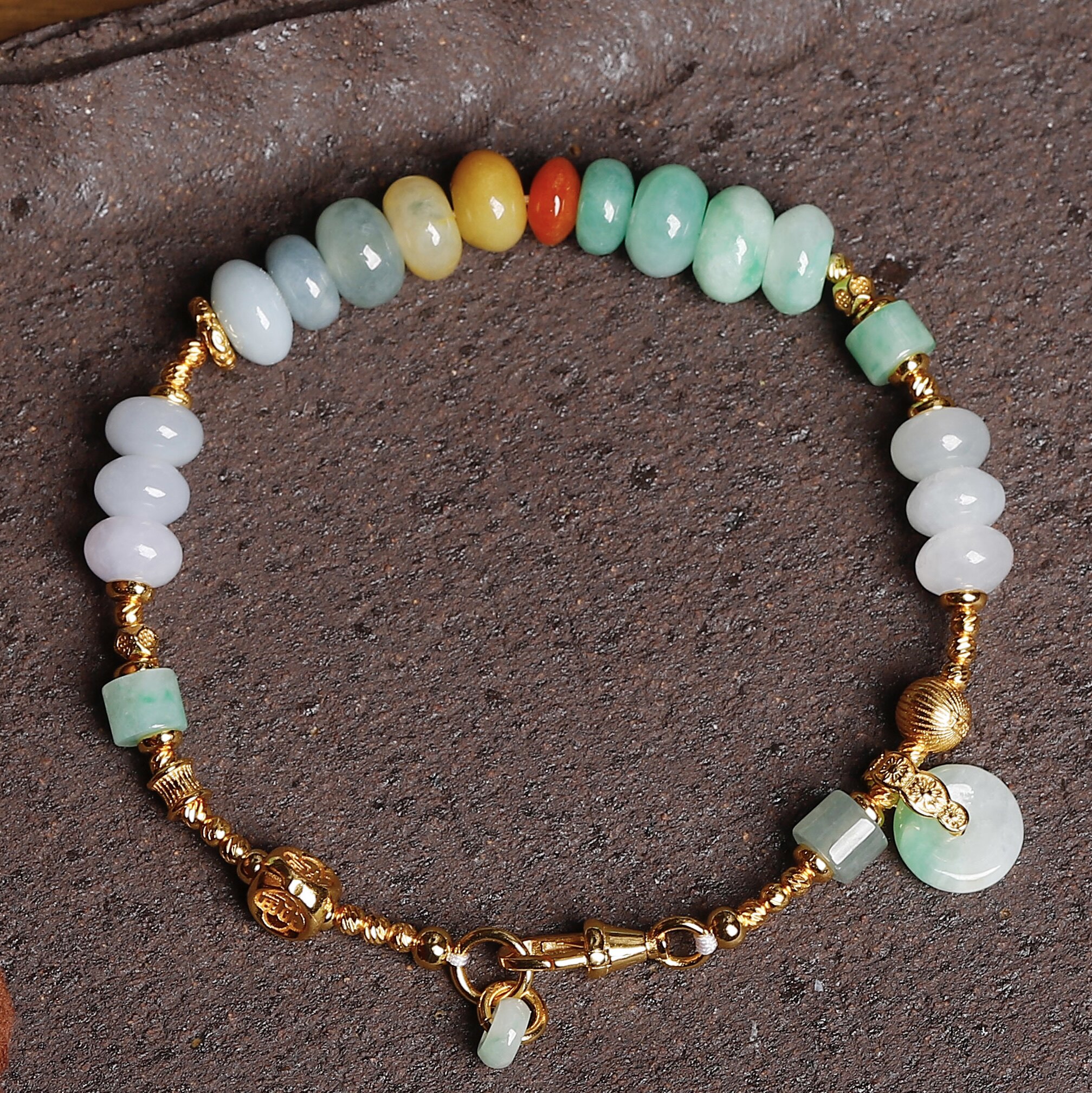 中国风天然A货三彩翡翠手链女飘绿平安扣吊坠925纯银景泰蓝福手串