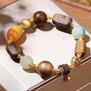 天然老料随型沉香手串女和田玉翡翠蜜蜡S925银镶欧泊多宝手链礼物