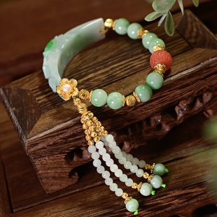 天然A货豆绿圆珠翡翠白底青雕花牡丹花手链手串女可拆卸压襟流苏