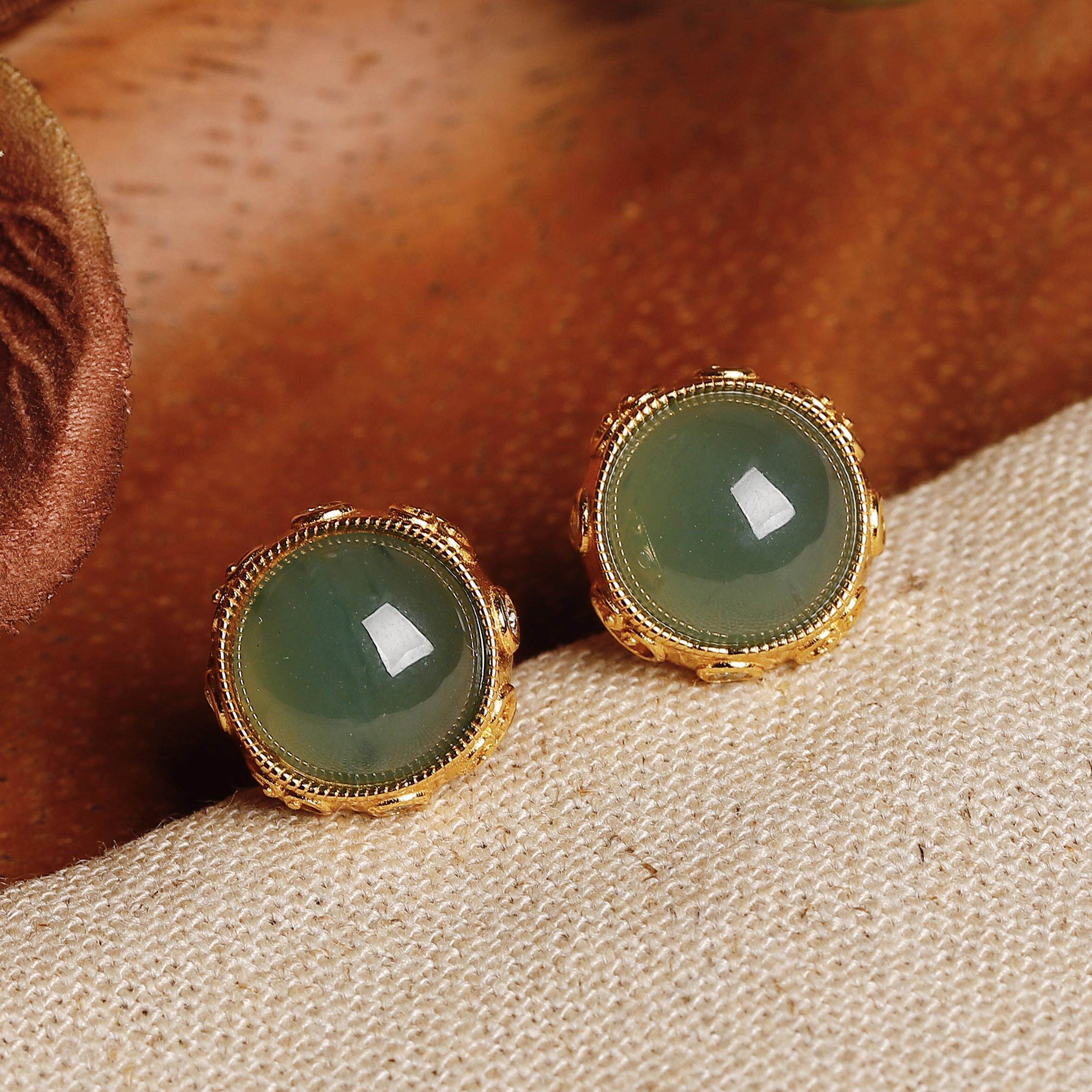 新中式天然A货翡翠耳钉女镶嵌S925银镀18K金耳环日常百搭生日礼物