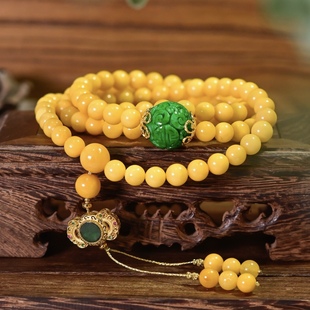 中国风108颗天然老色蜜蜡多圈手链手串A货雕花干青翡翠圆珠银镀金