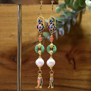 新中式天然A货飘花翡翠甜甜圈耳环耳坠珍珠南红S925银镀金珐琅彩