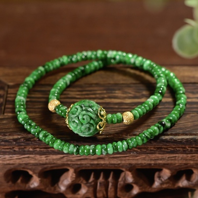 天然干青翡翠雕花圆珠算盘珠手链