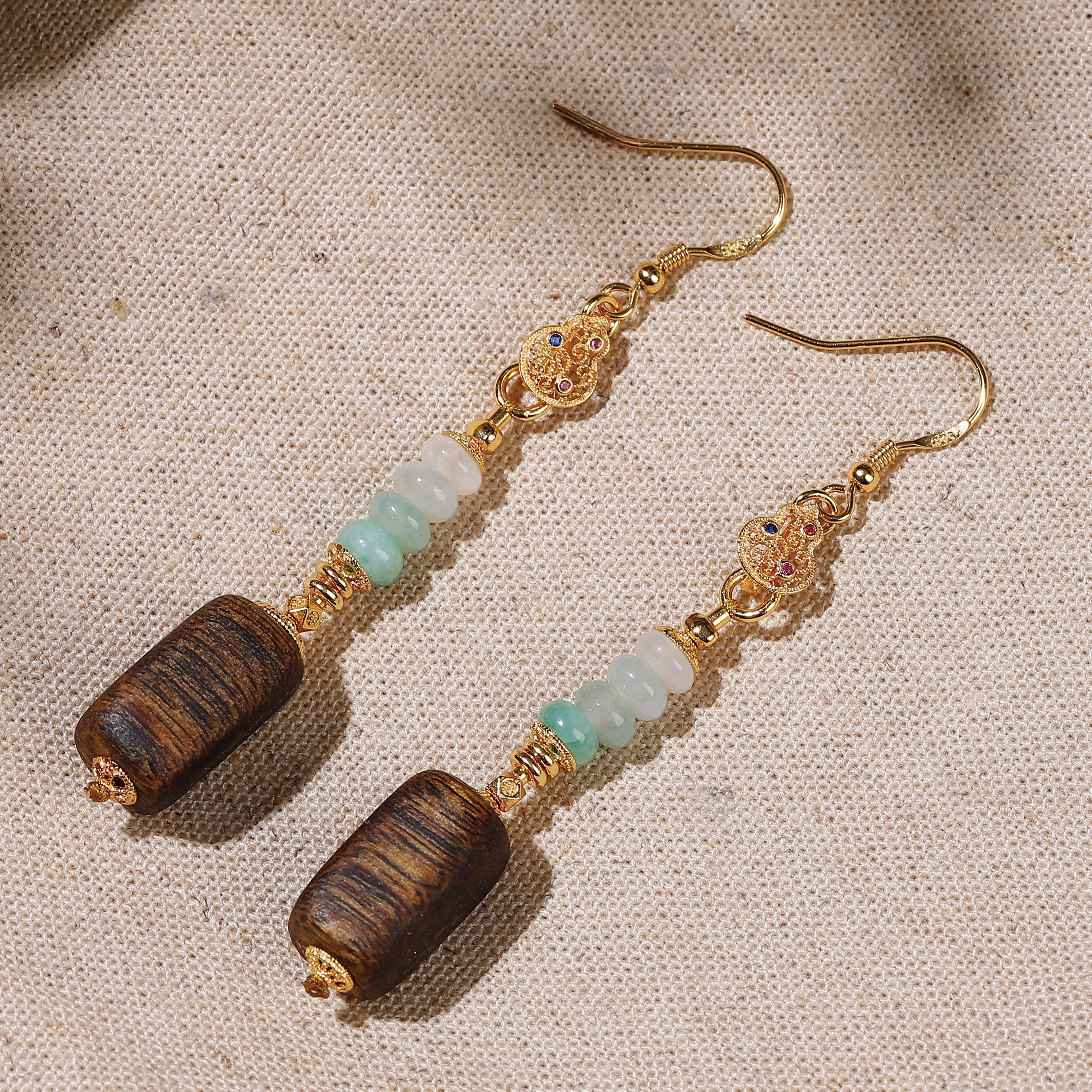 天然老料沉香方糖缅料翡翠耳坠女