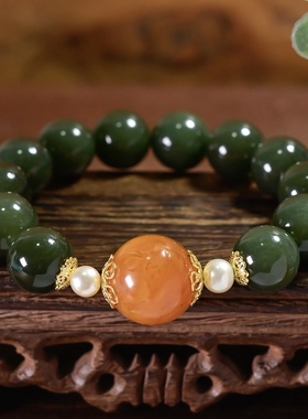 天然和田碧玉蜜蜡圆珠手链手串女