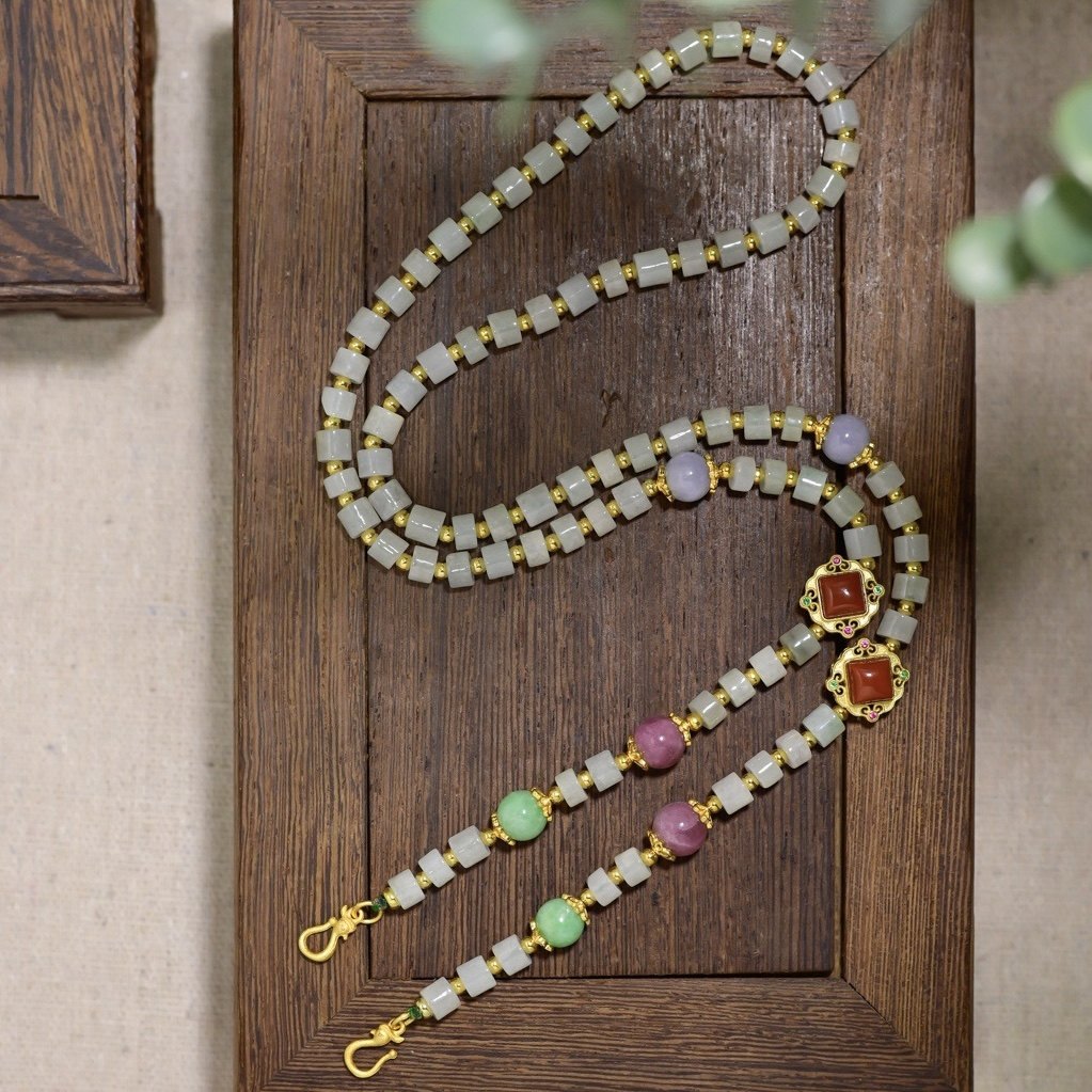 新中式天然A货翡翠路路通万能项链女碧玺南红镶嵌银饰长款毛衣链