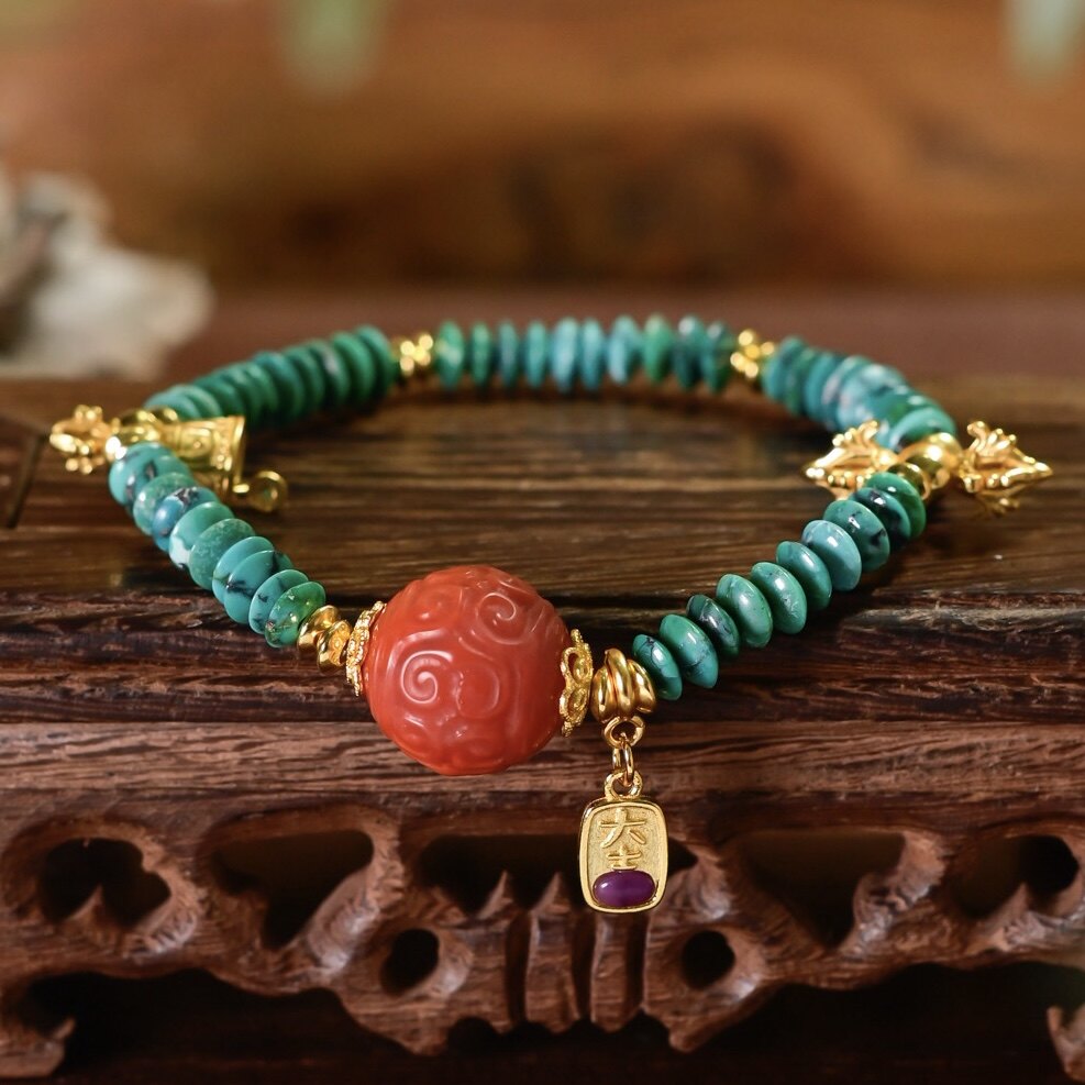 中国风天然原矿绿松石飞碟珠手链保山南红回纹珠S925纯银镀金手串