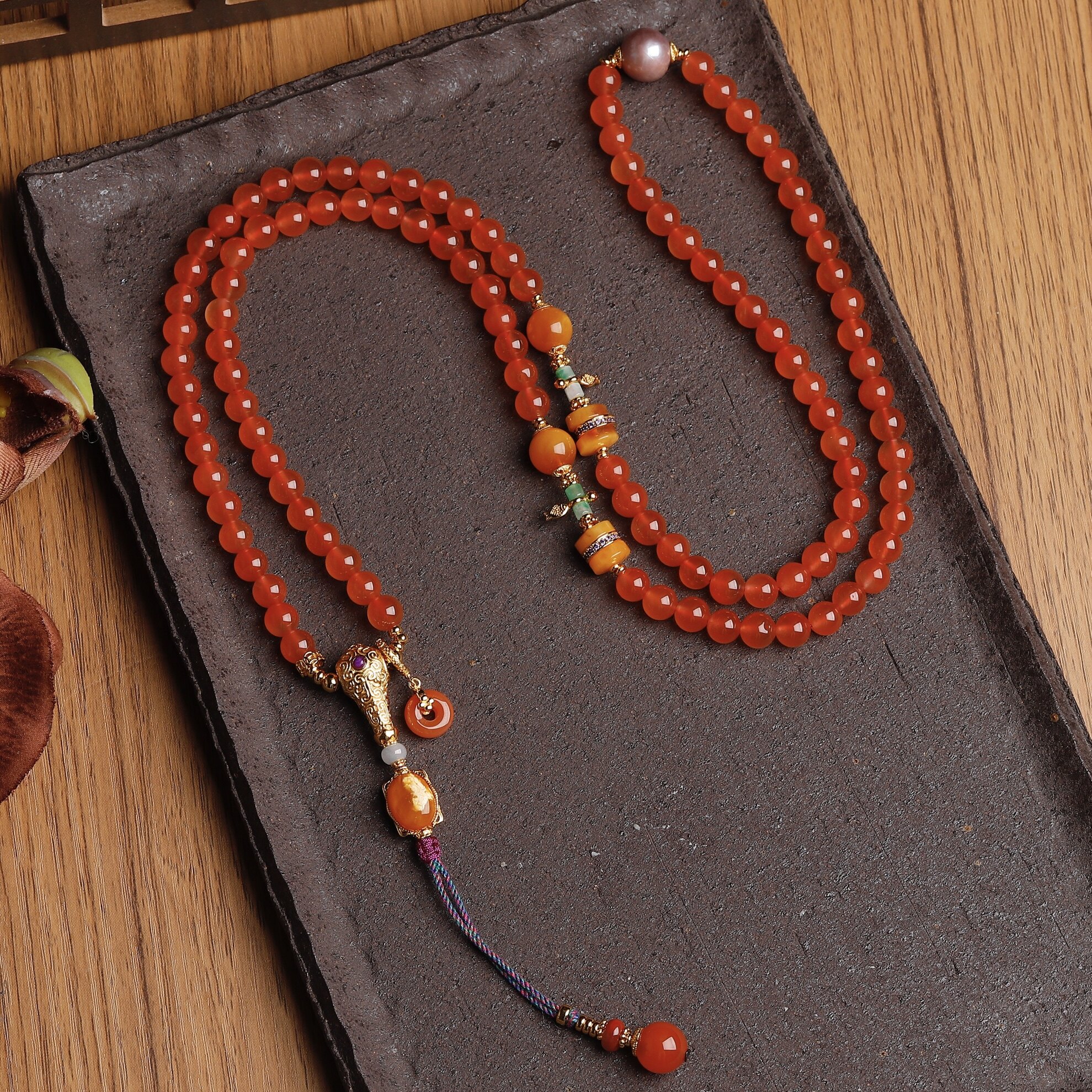 108颗天然高冰南红串珠长款项链毛衣链巴洛克珍珠蜜蜡925纯银镀金