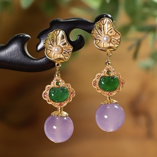 天然A货辣绿危料翡翠如意紫玉髓耳环耳坠女S925纯银镀金荷叶耳饰