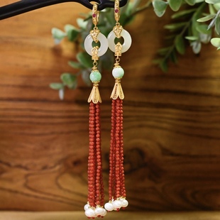 天然和田玉甜甜圈川料南红流苏耳环耳坠女翡翠淡水珍珠银长款耳饰