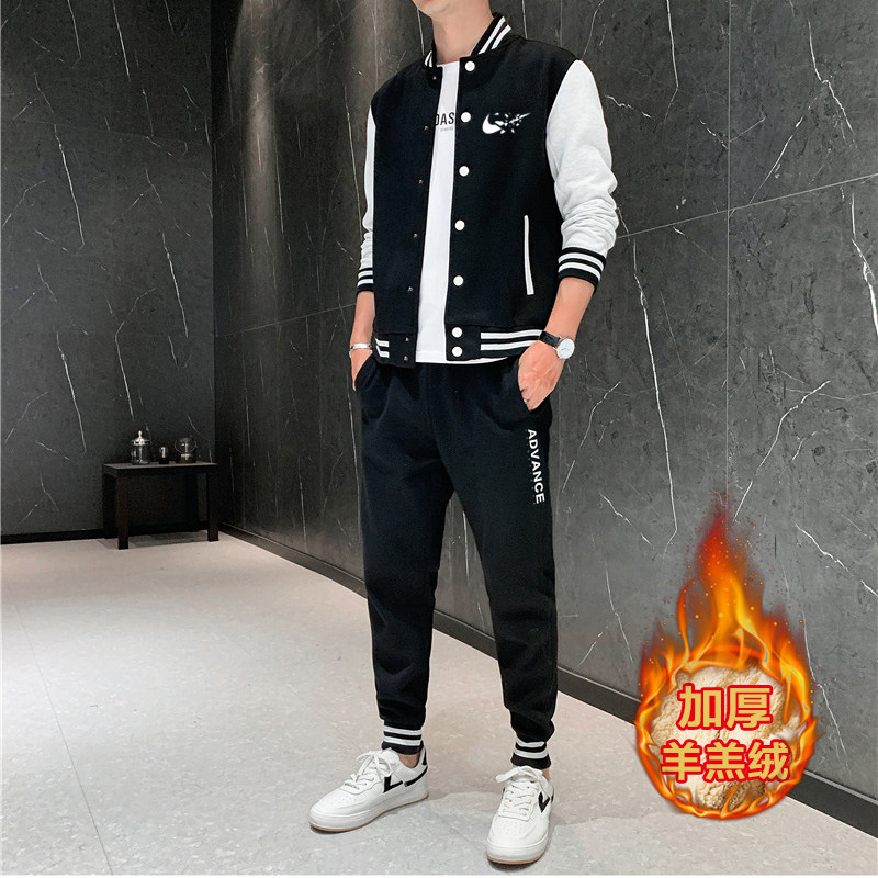 2020加厚加绒冬装棒球服套装休闲羊羔绒情侣男A163-585-P110,男装卫衣,星座211-1